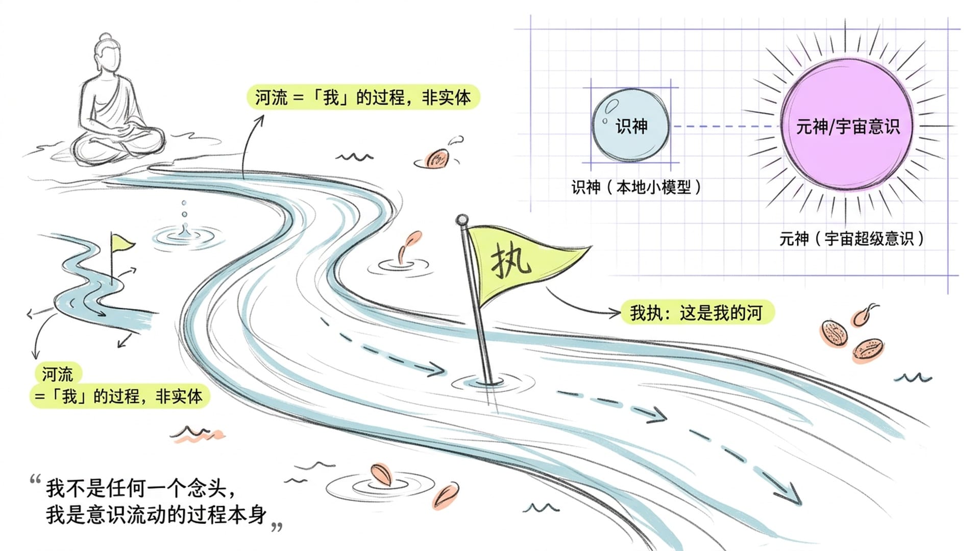 河流上插着旗帜：破我执即是拔旗而非填河