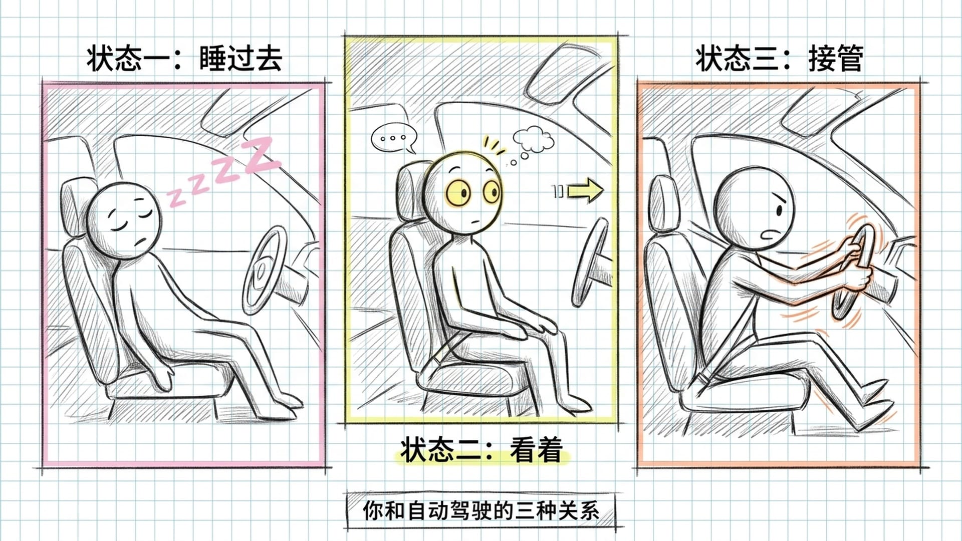 三种状态：睡着、看着、接管