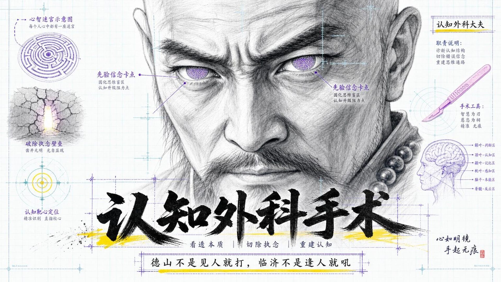 禅师眼神锐利，瞳孔中映出徒弟的意识迷宫