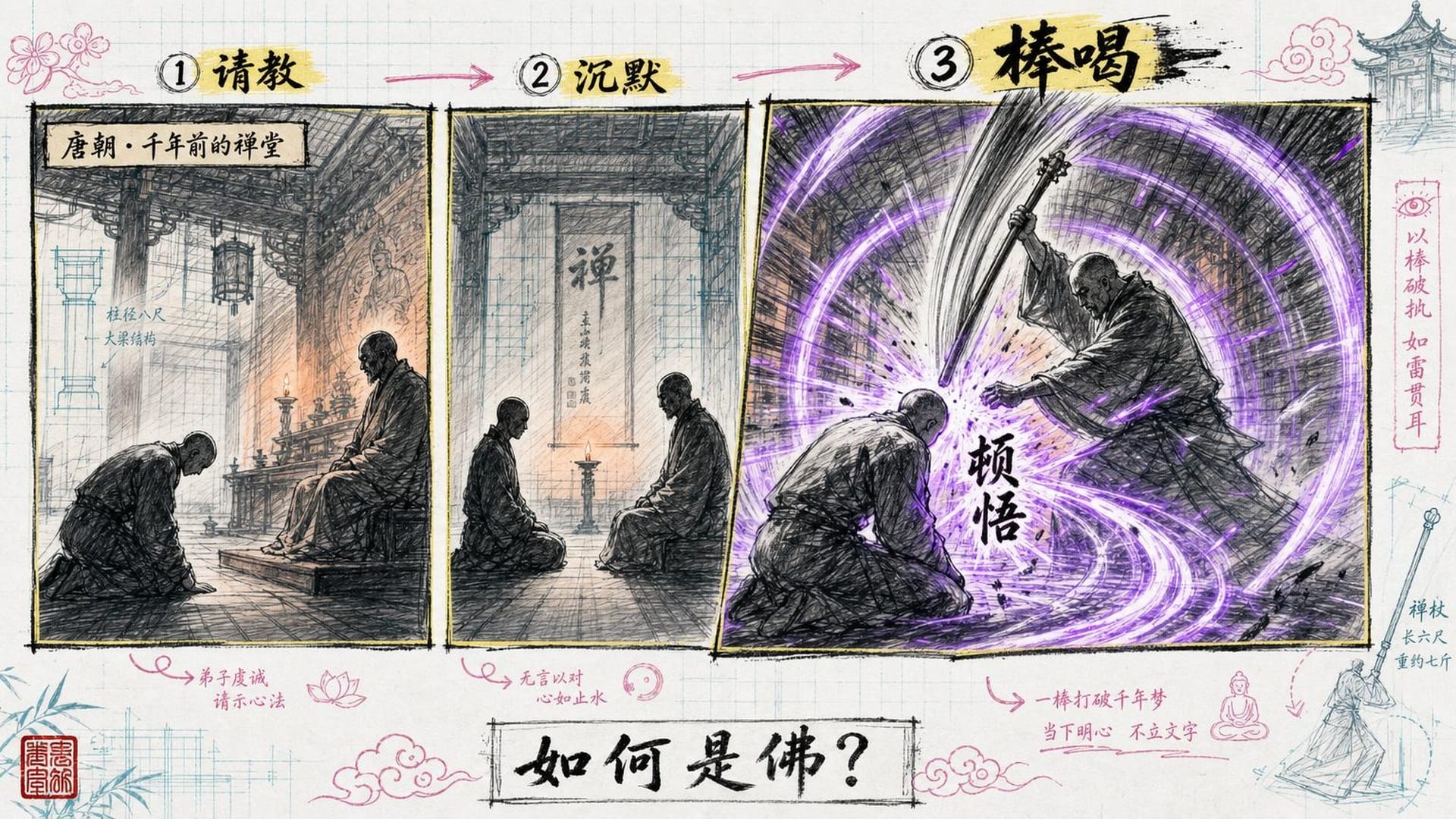 唐朝禅堂，师父举棒劈下的瞬间