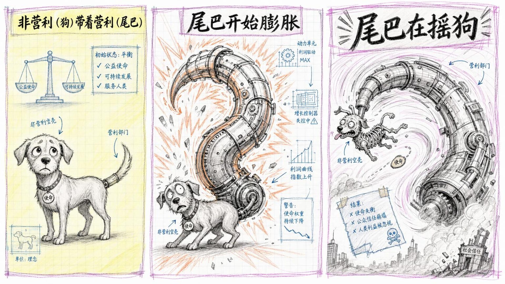营利尾巴操控非营利之狗的讽刺漫画