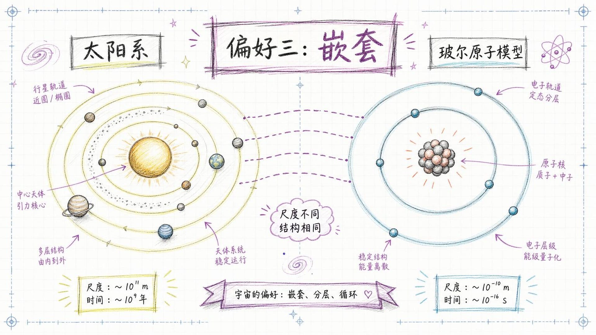 宏观太阳系轨道与微观玻尔原子模型的嵌套对比