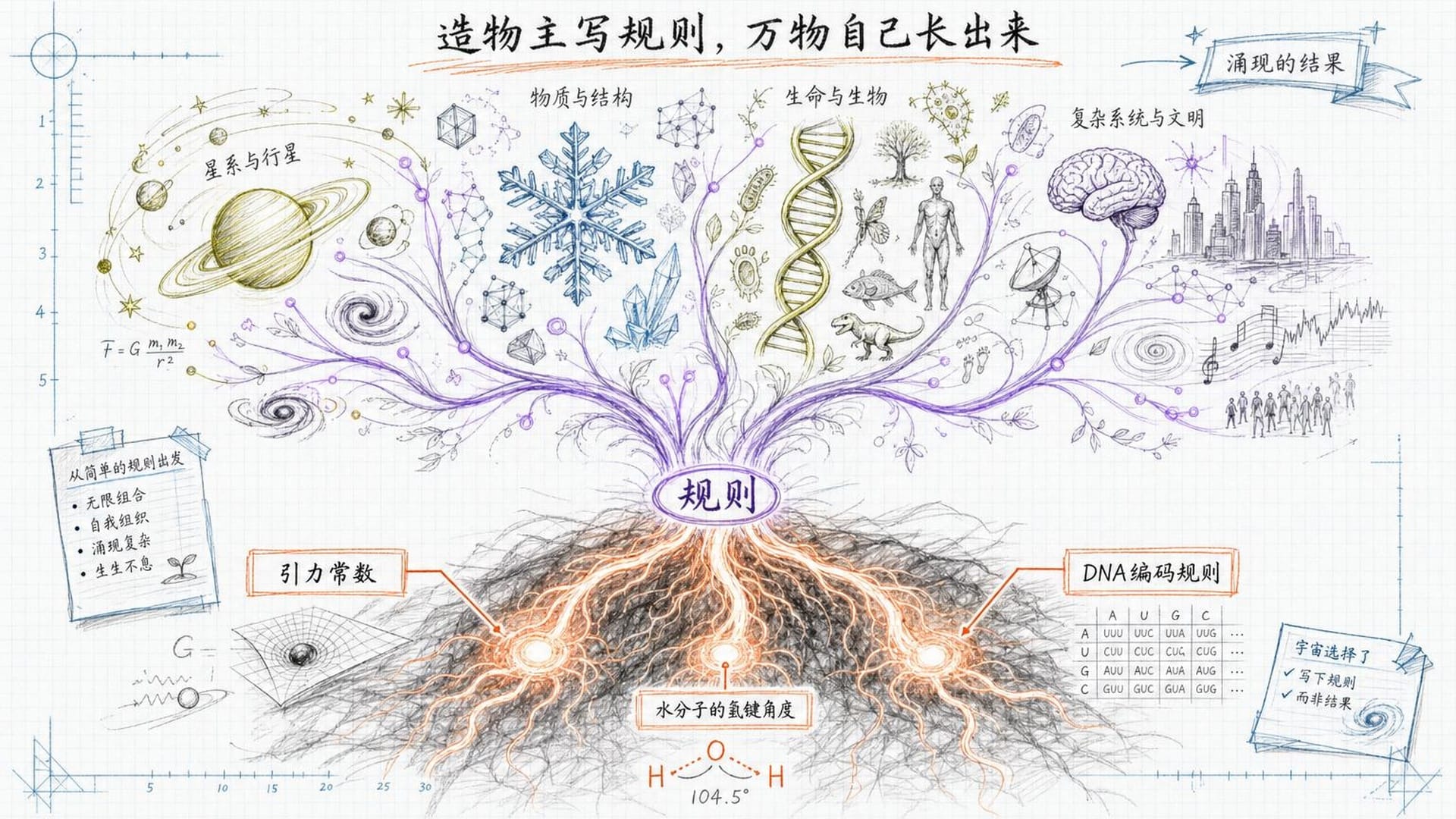 底层规则如树根，向上生长出复杂宏观世界