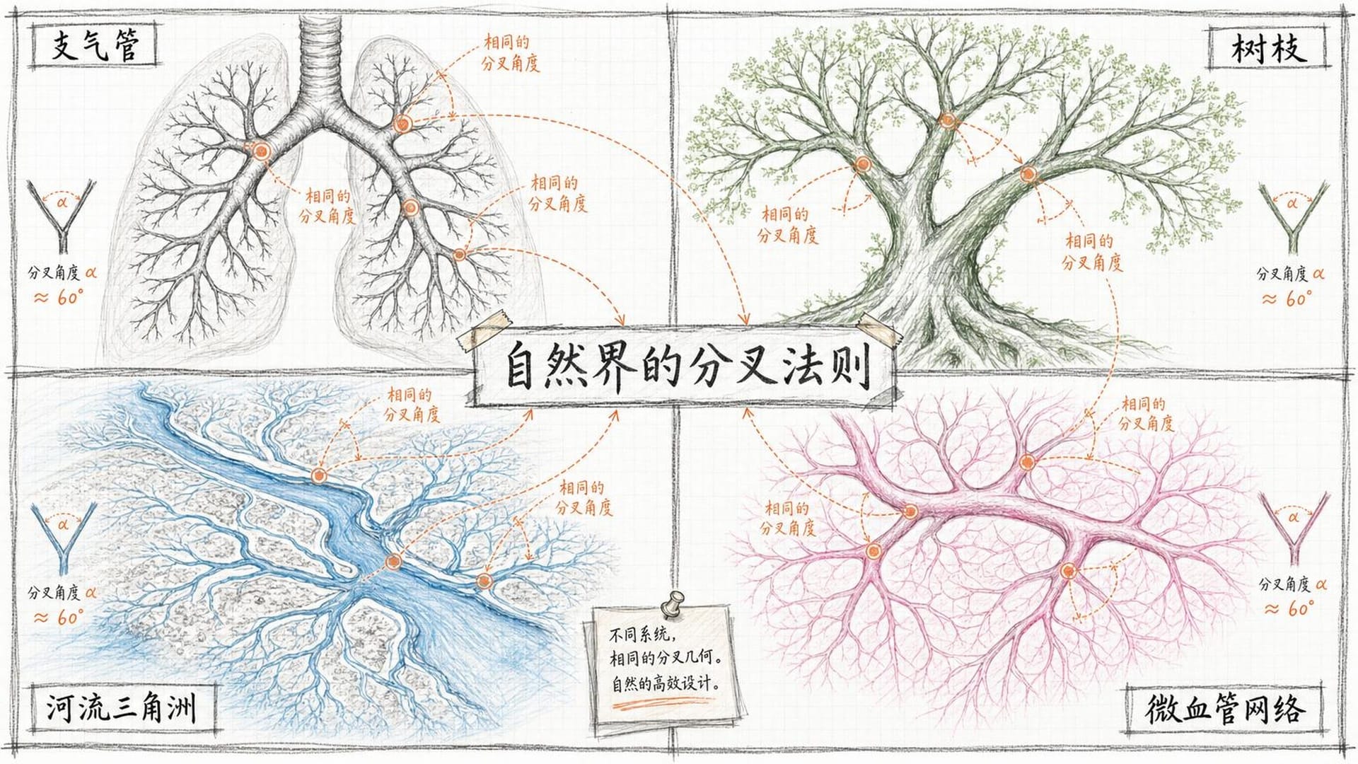 树枝、河流、支气管、血管的分叉对比