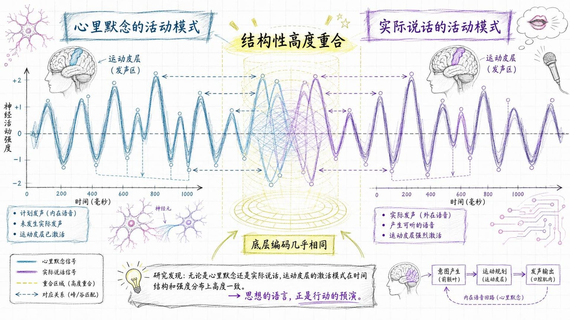 心里默念与实际说话的神经活动对比波形