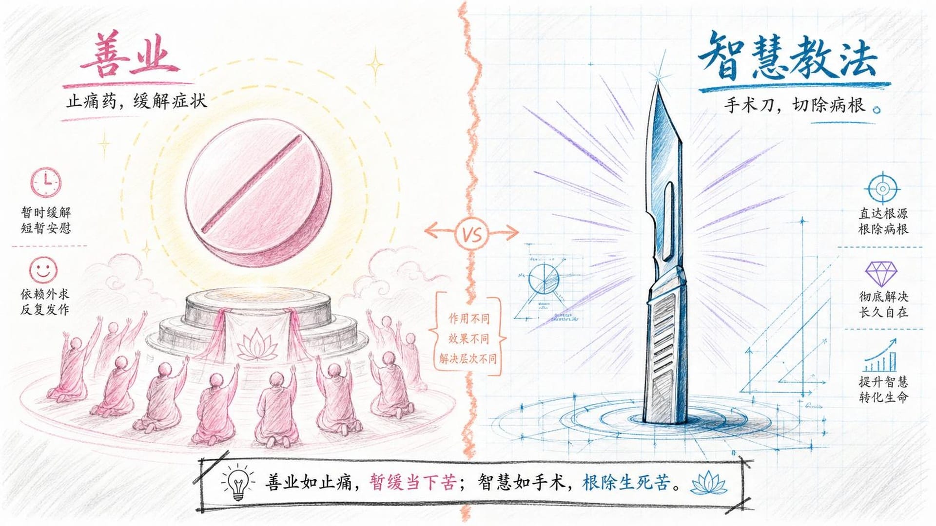 善业：止痛药与手术刀的对比