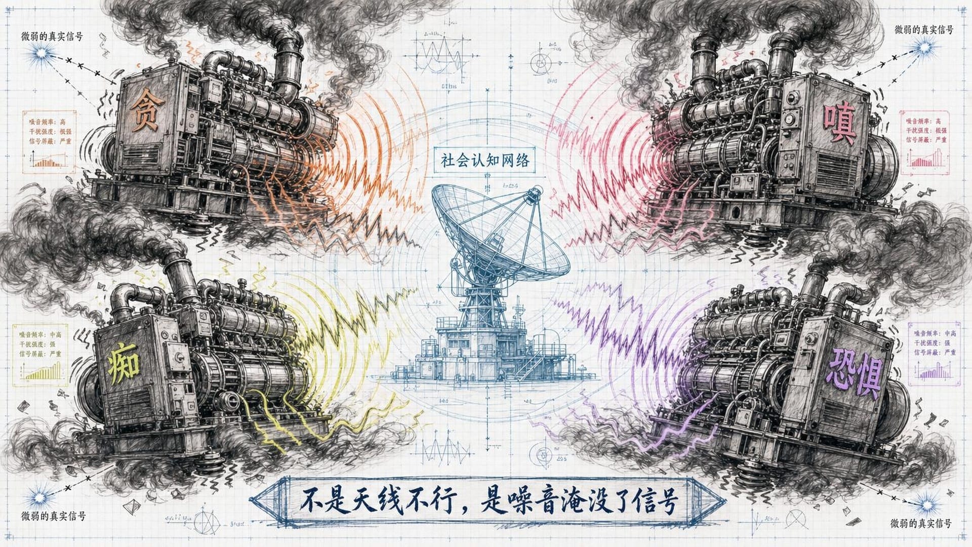 信号天线被噪音发射器包围