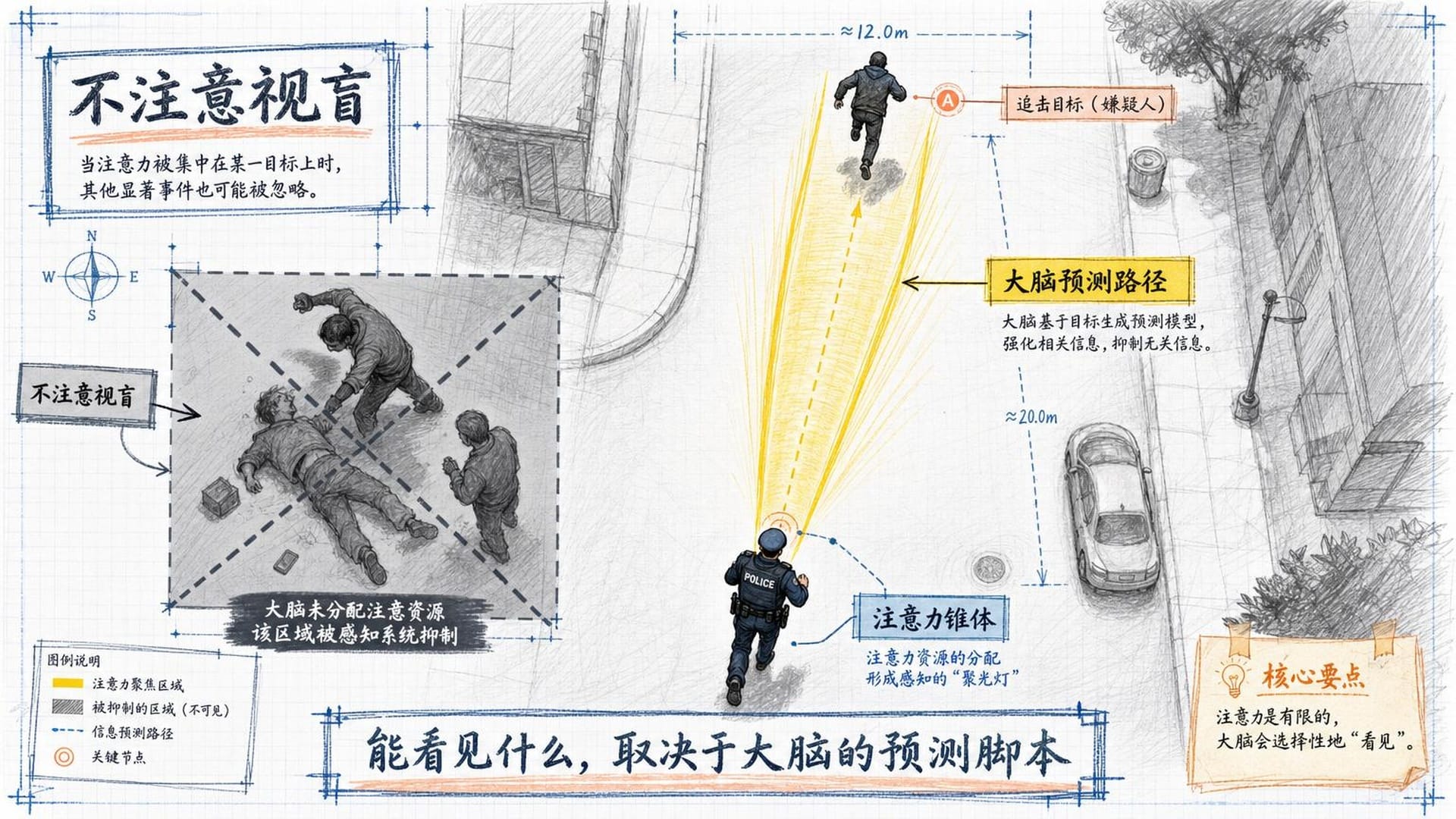 警察追逐：注意力锥体之外的视而不见