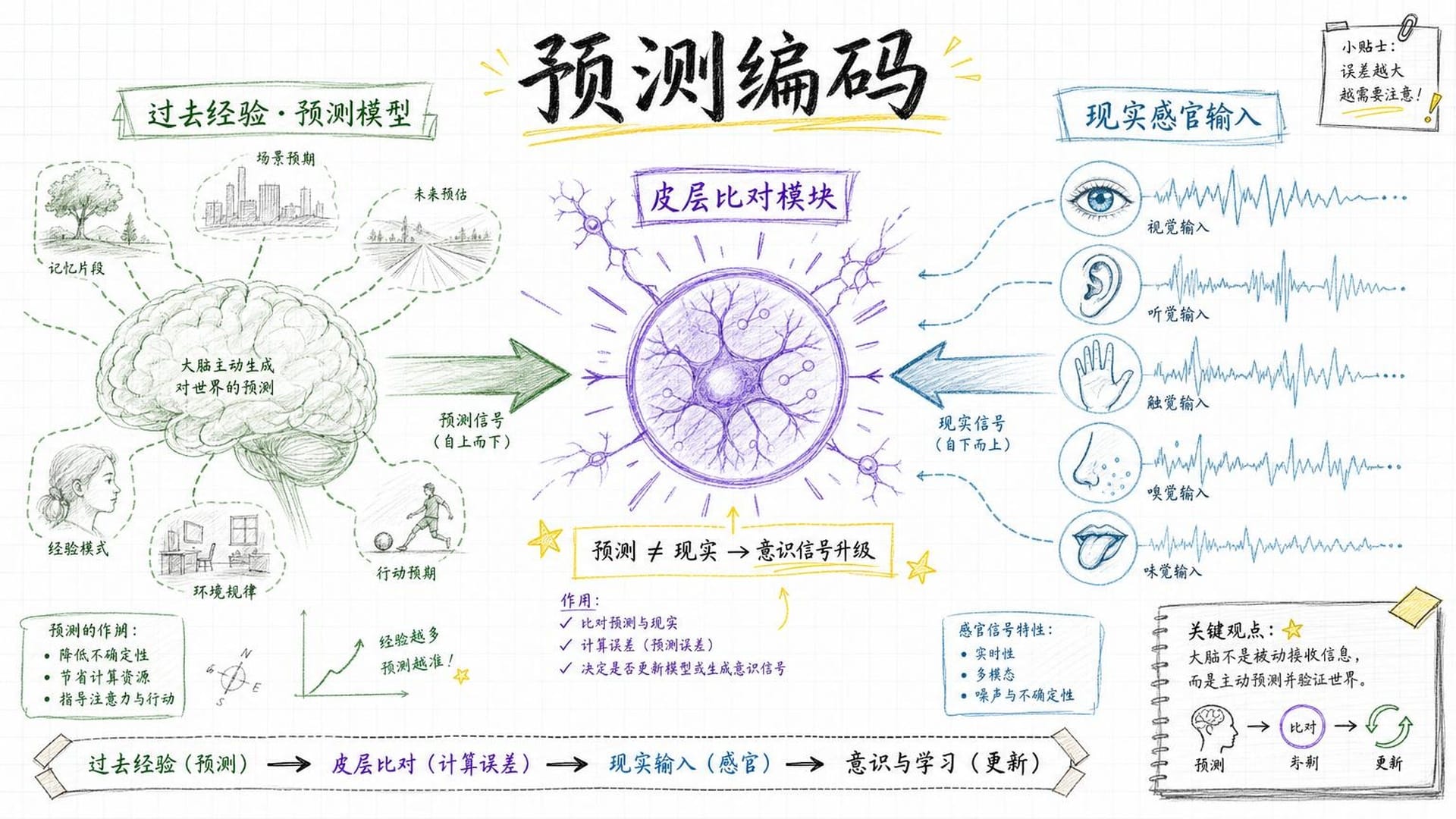 预测编码流程：预期与现实的碰撞比对