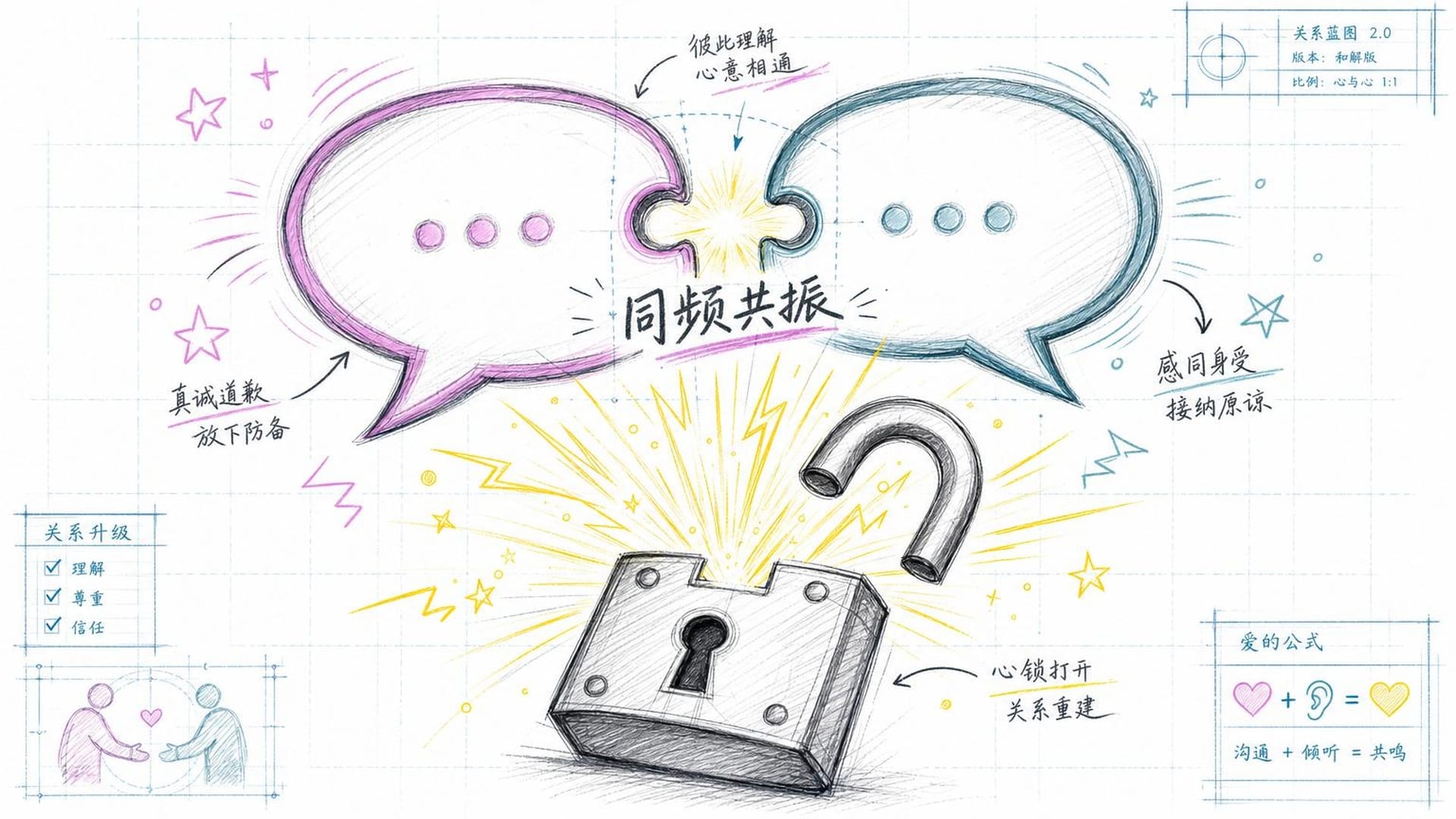 两个聊天气泡如磁力拼图般完美契合,一把厚重的锁随之弹开并迸发光芒