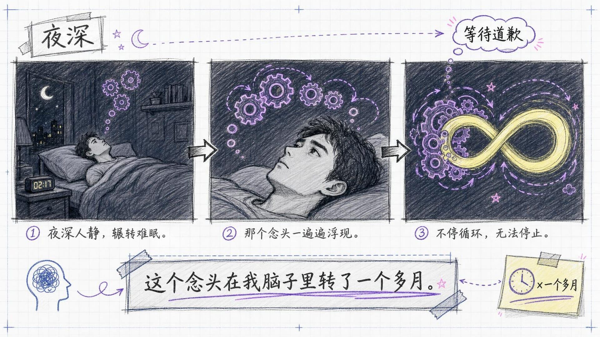 夜深人静,一个男人躺在床上,上方悬浮着"等待道歉"的无限循环符号