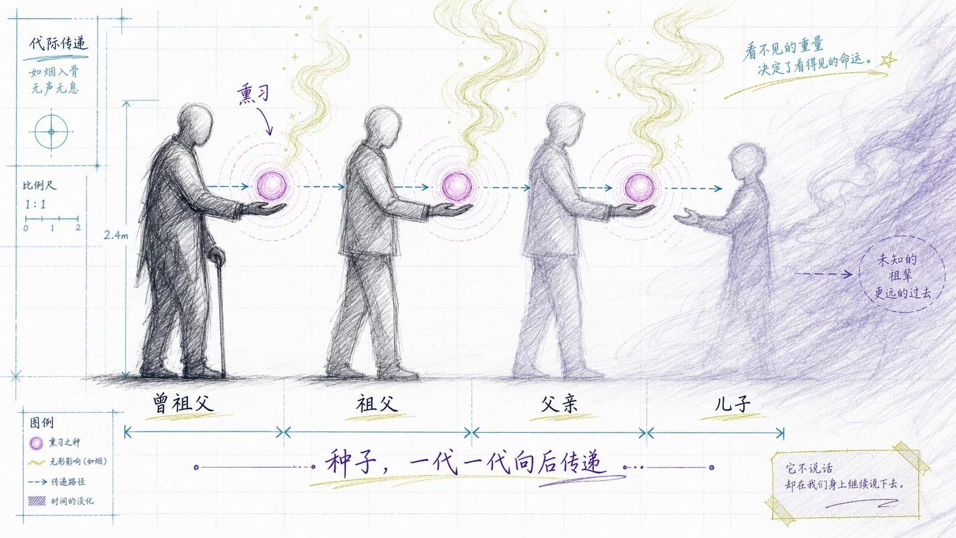 四个世代的剪影沿时间线传递同一颗发光的种子,逐渐隐入迷雾