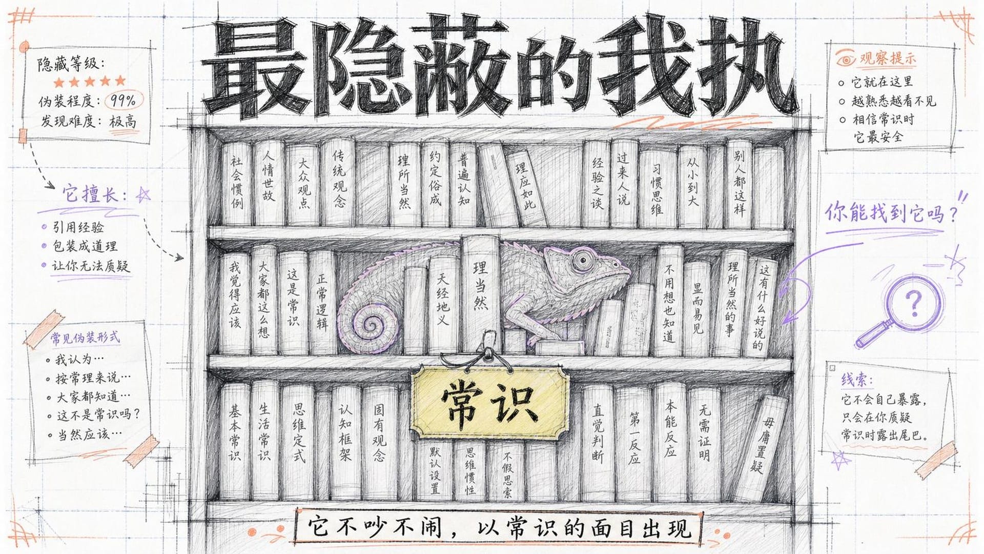 伪装在"常识"书架中的变色龙,象征最难察觉的我执
