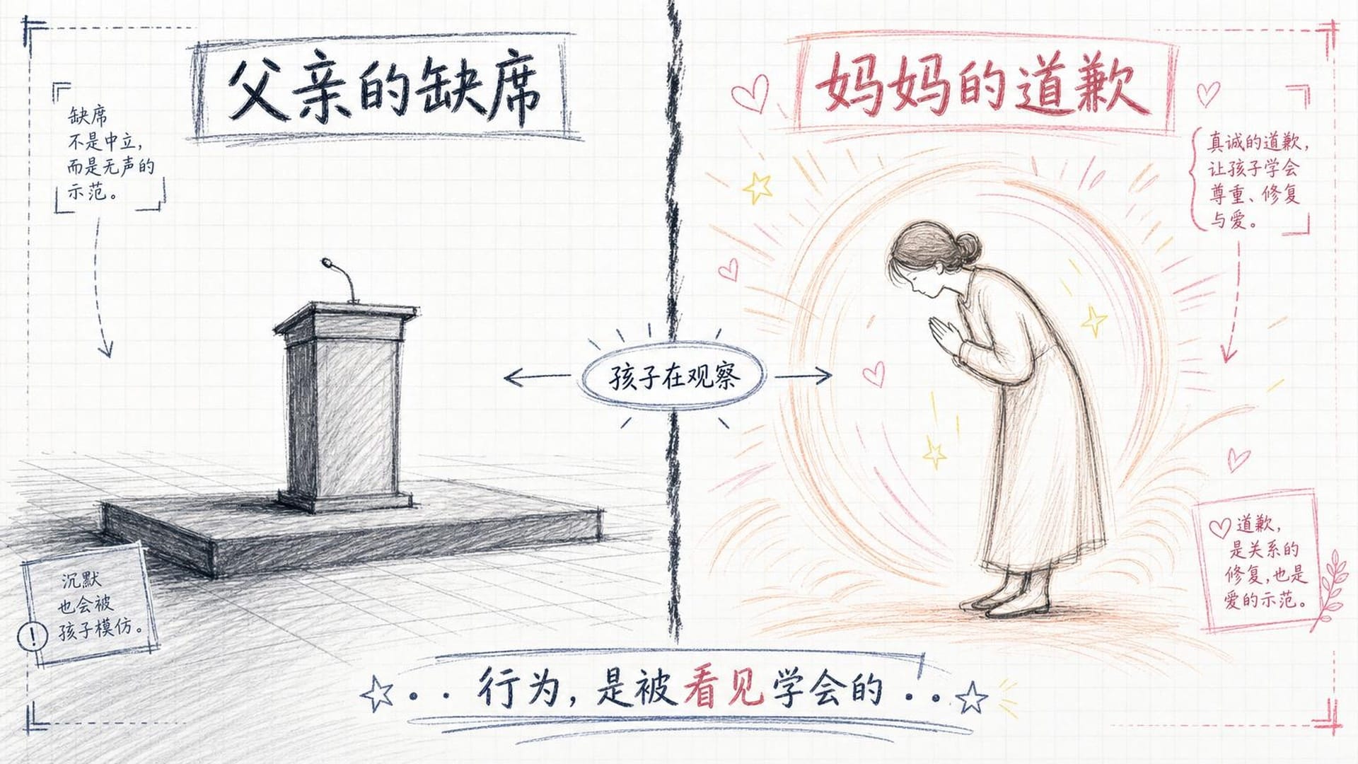 空荡荡的父亲一侧与散发温暖光芒、微微鞠躬道歉的母亲剪影形成强烈对比