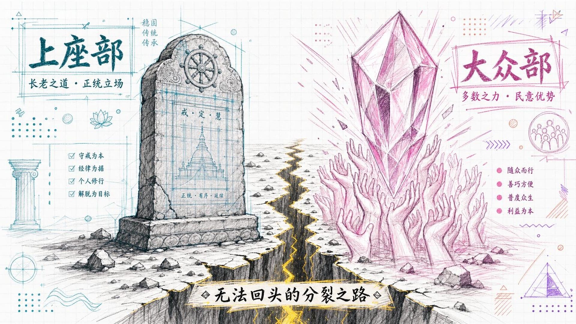 左侧代表上座部的古老石碑，右侧代表大众部的巨大水晶，中间裂缝深不见底