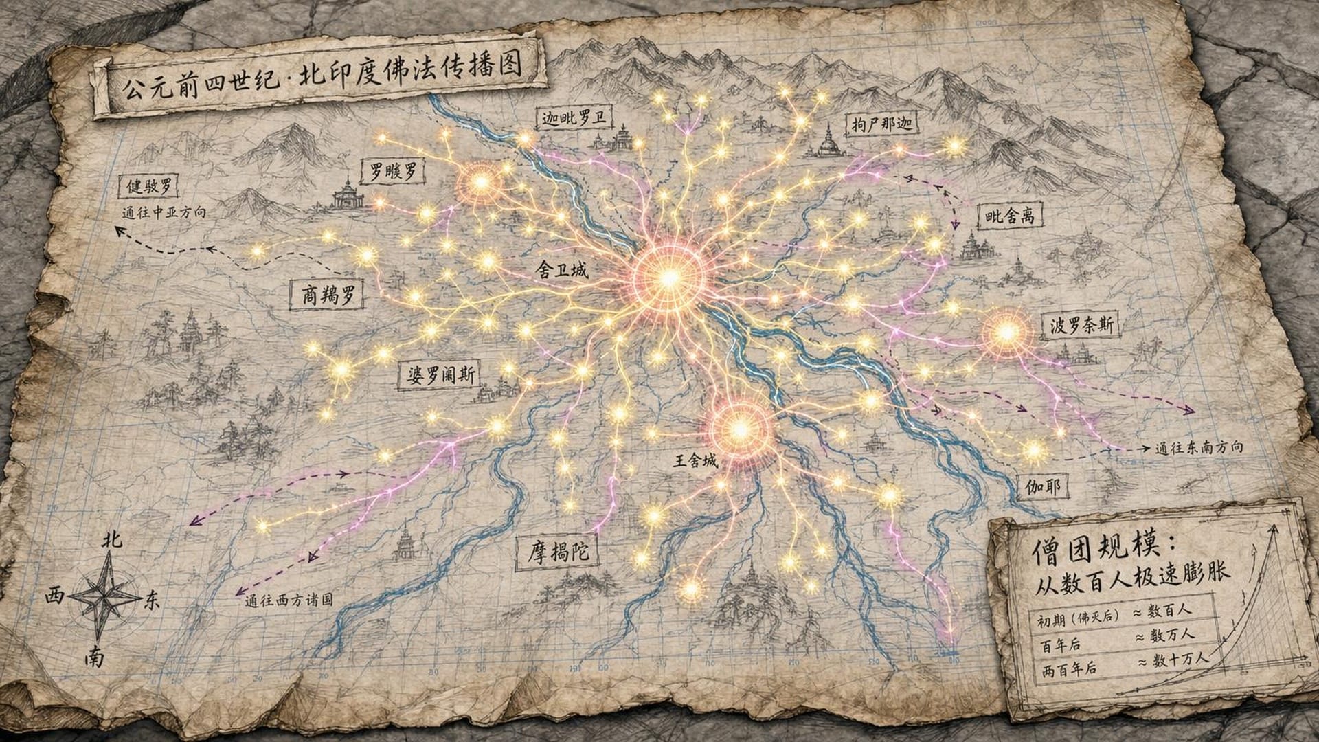 北印度恒河流域地图，金色光点如星火燎原般蔓延扩散