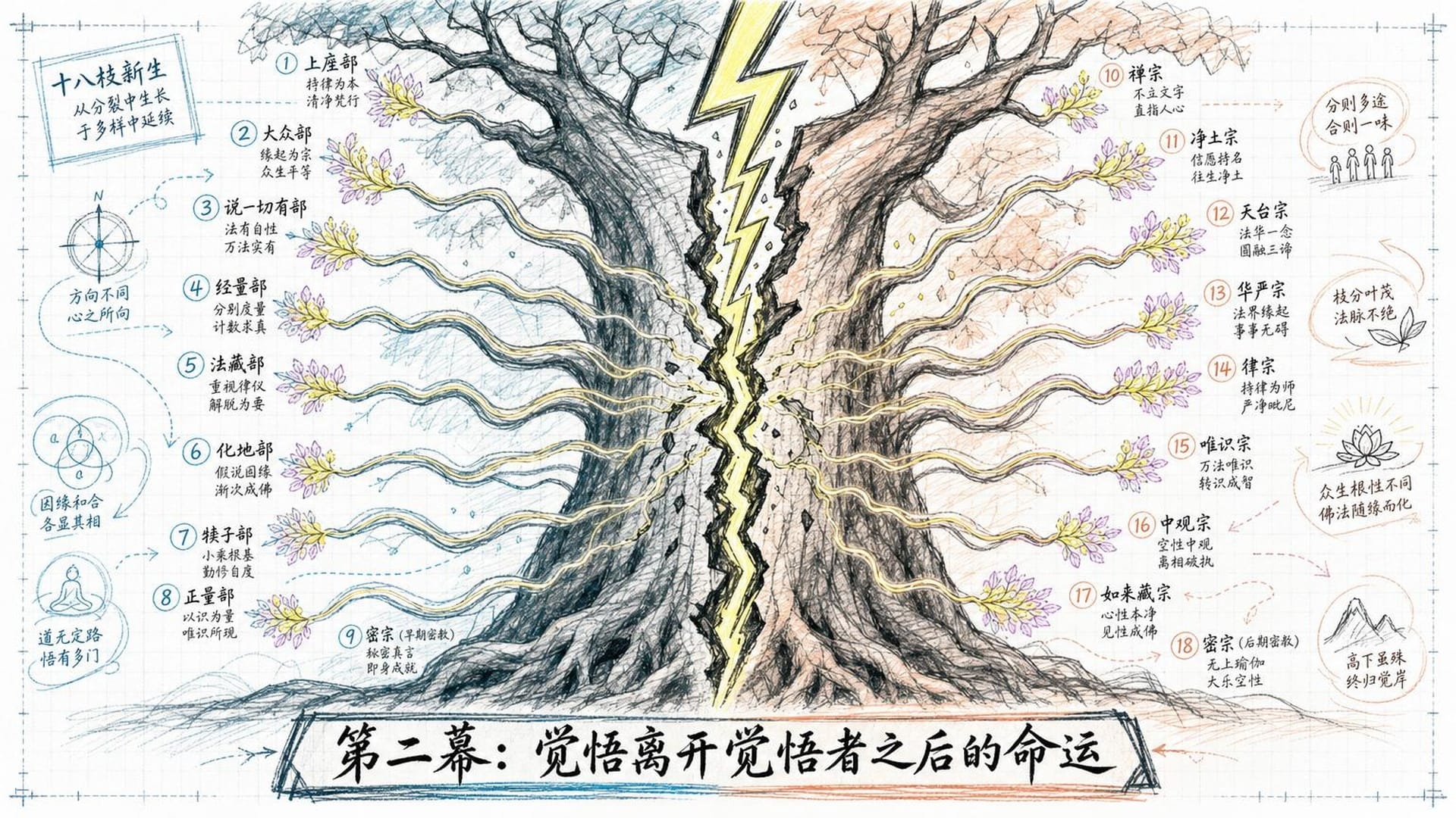一棵被劈裂的菩提树，裂缝中长出十八根发光枝条
