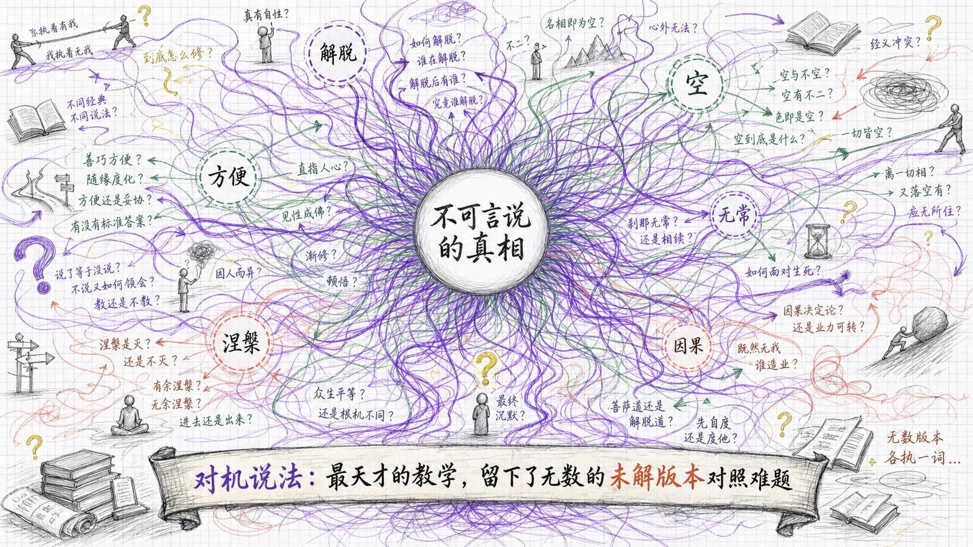 由无数发光线条构成的脑图网络，中心是纯白球体，向外辐射出交缠混乱的词汇线条