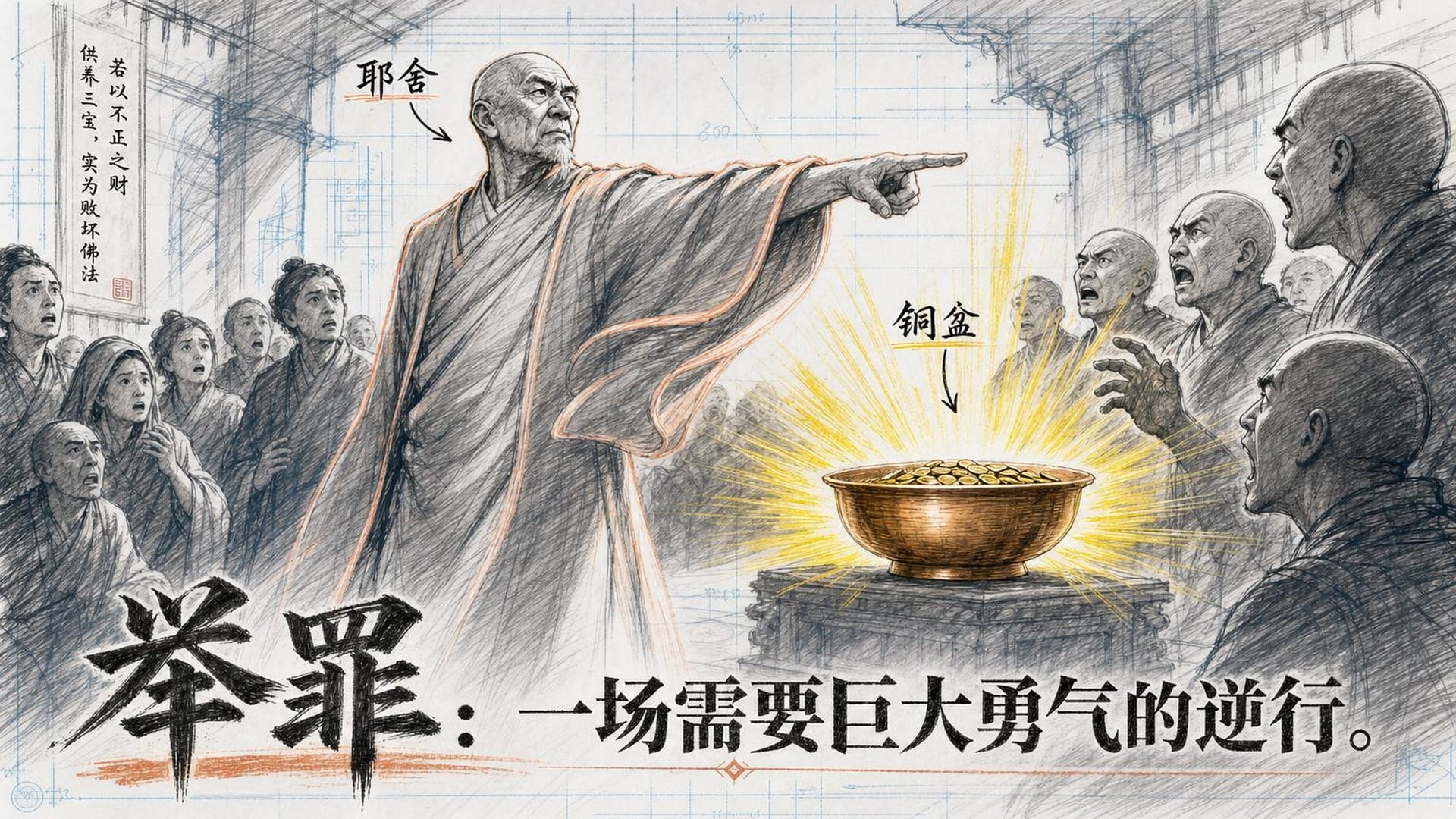 耶舍长老在人群中直指铜盆，眼神如怒目金刚