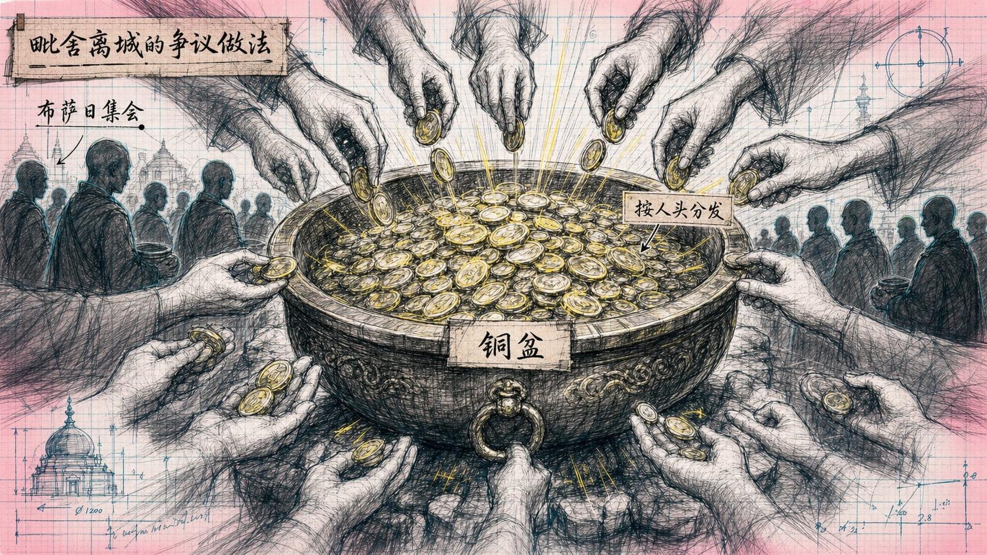 一个巨大铜盆放置在画面中央，四面八方的手正在投入钱币