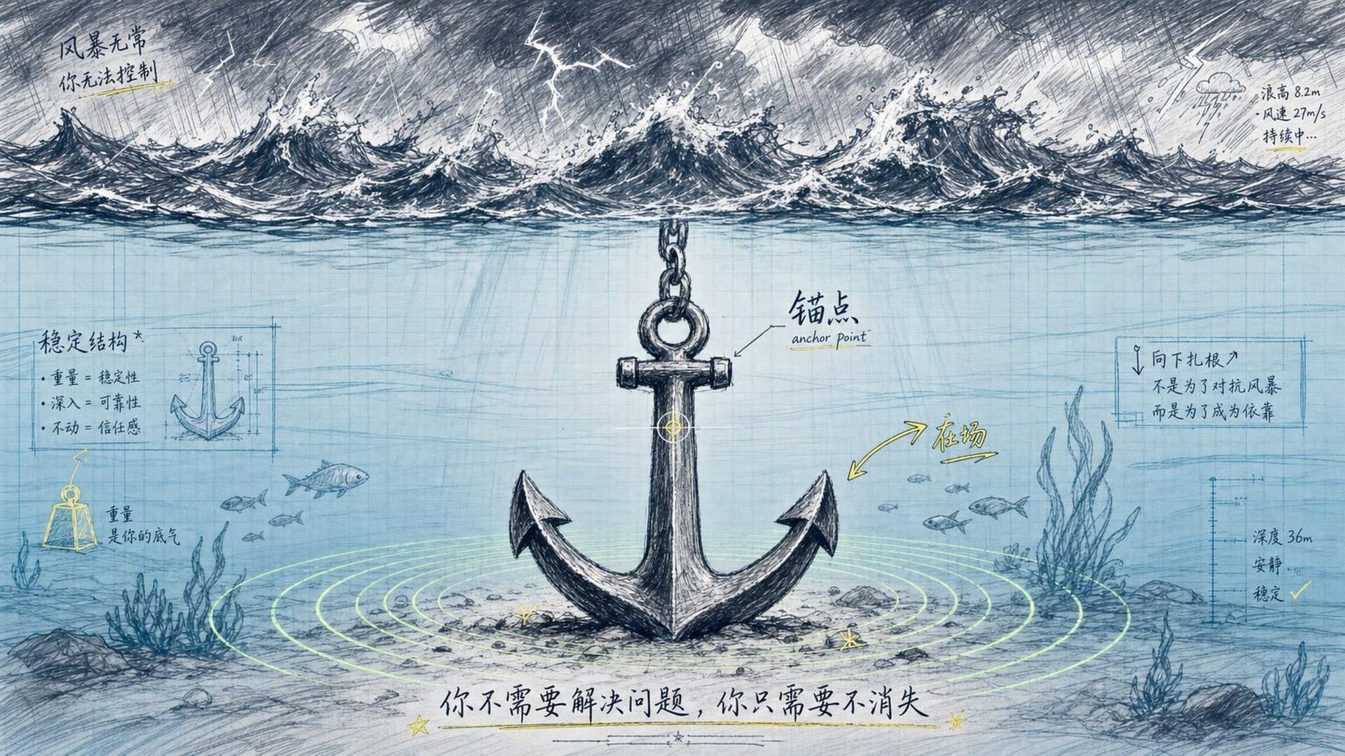 深海中的铁锚，静静插在沙中，水面上是狂风巨浪