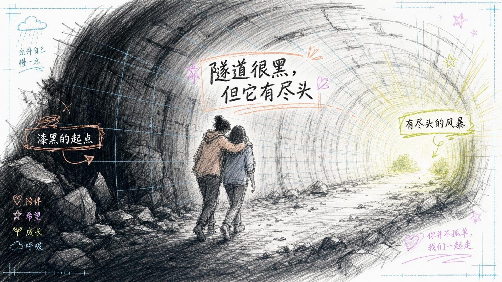 漫长的黑暗隧道中，两个人相互搀扶，远处有暖光的出口