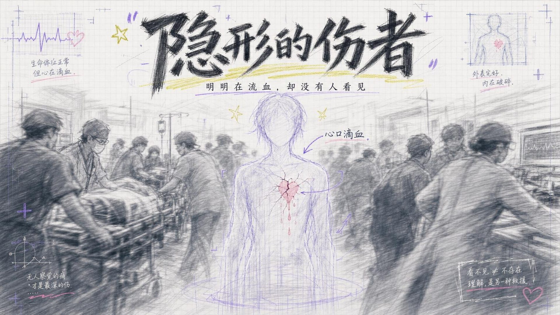 灾难现场，一个透明的影子人流着血，却无人注视