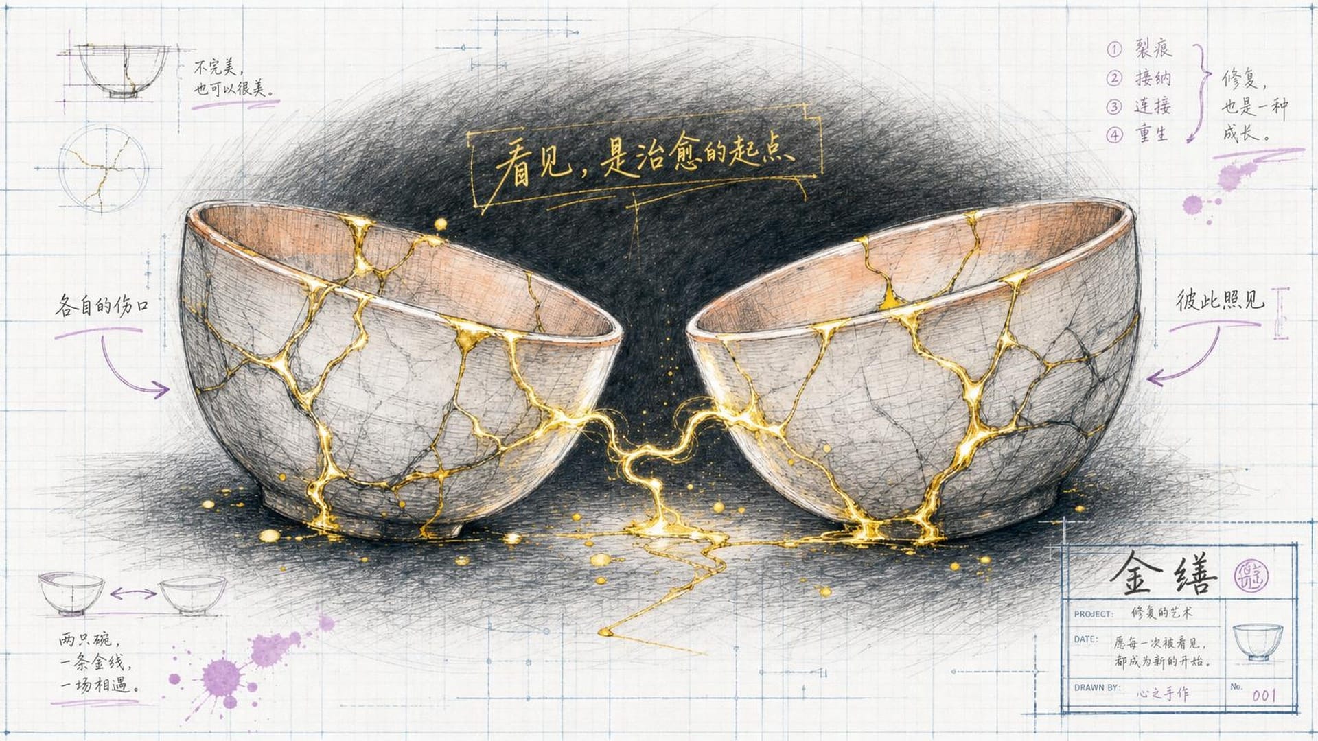 金缮工艺：两个残破的陶碗，裂纹处被流动的黄金修复