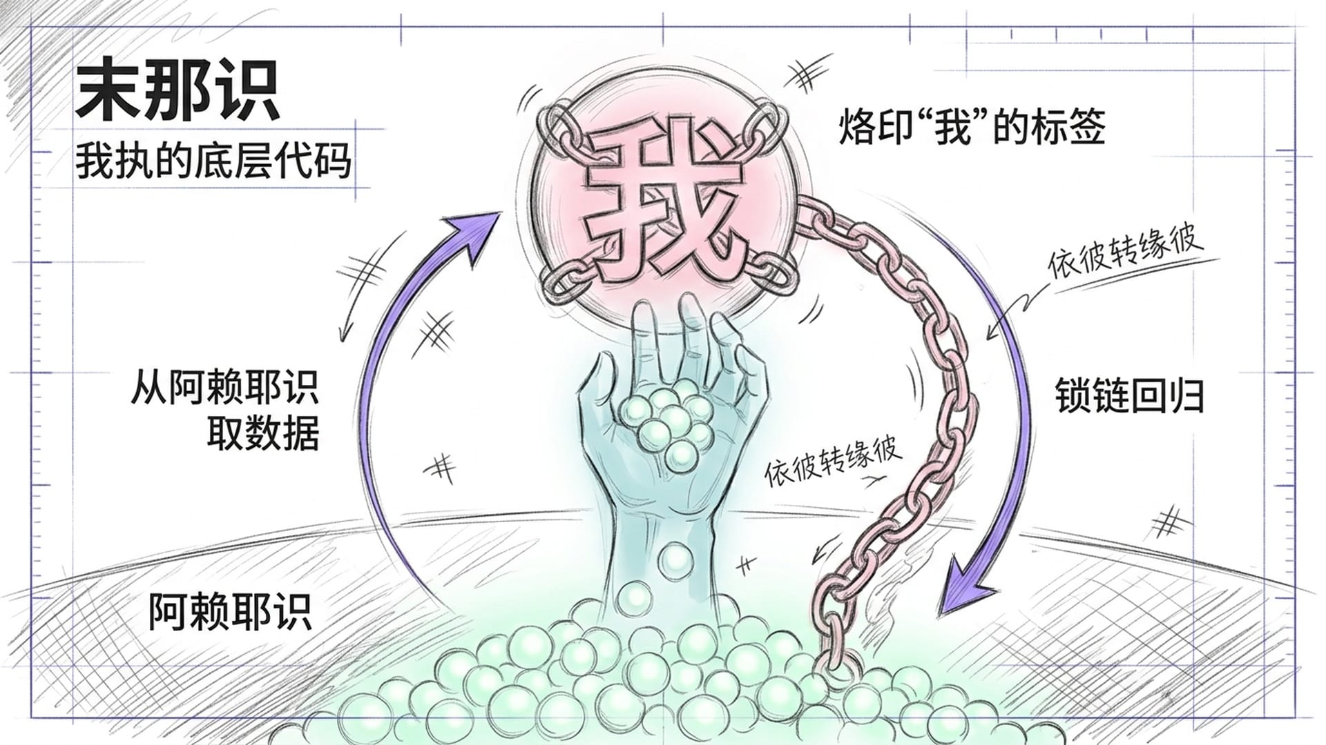 末那识从阿赖耶识中取数据,烙印上"我"字,形成无限循环的我执