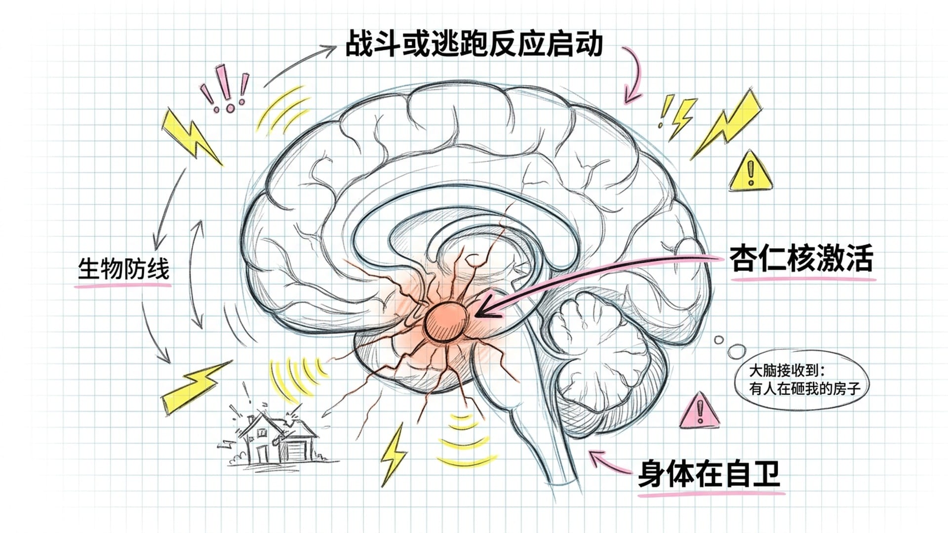 杏仁核激活,战斗或逃跑反应启动