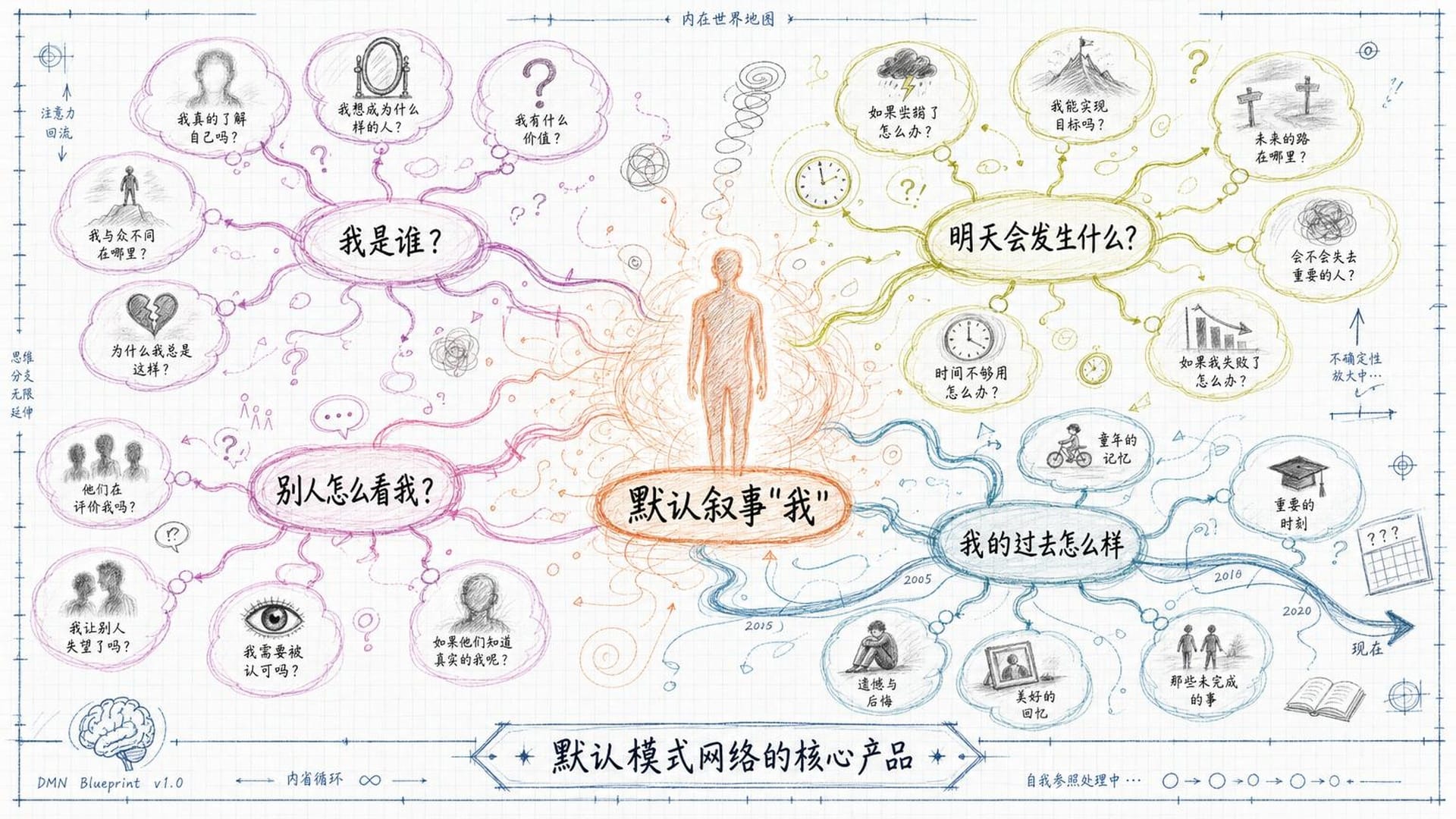 默认模式网络：大脑的"自我叙事"枢纽，无数焦虑与期待围绕"我"运转