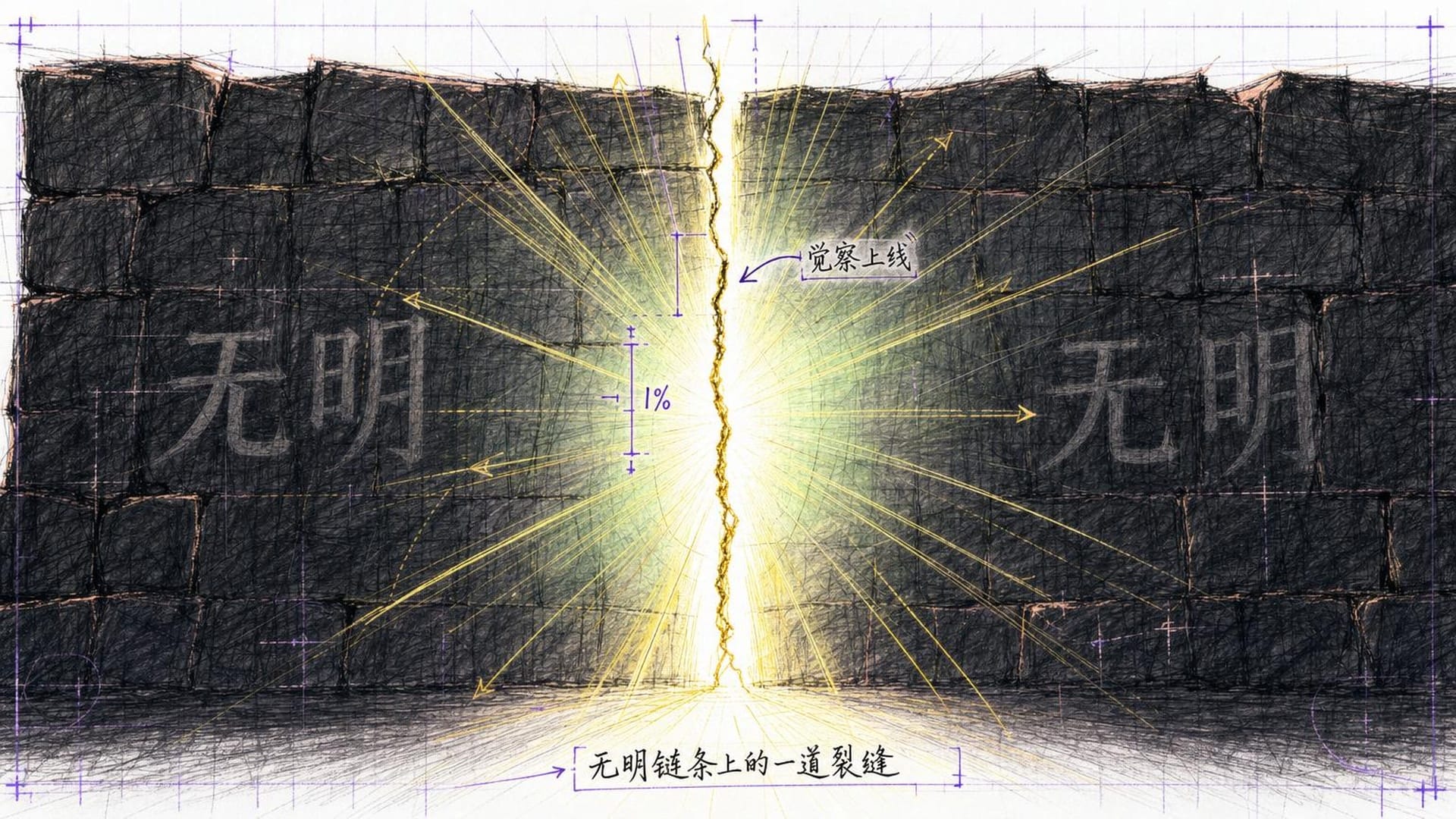 一堵漆黑石墙正中有一道细小裂缝，万丈金光从中喷涌而出