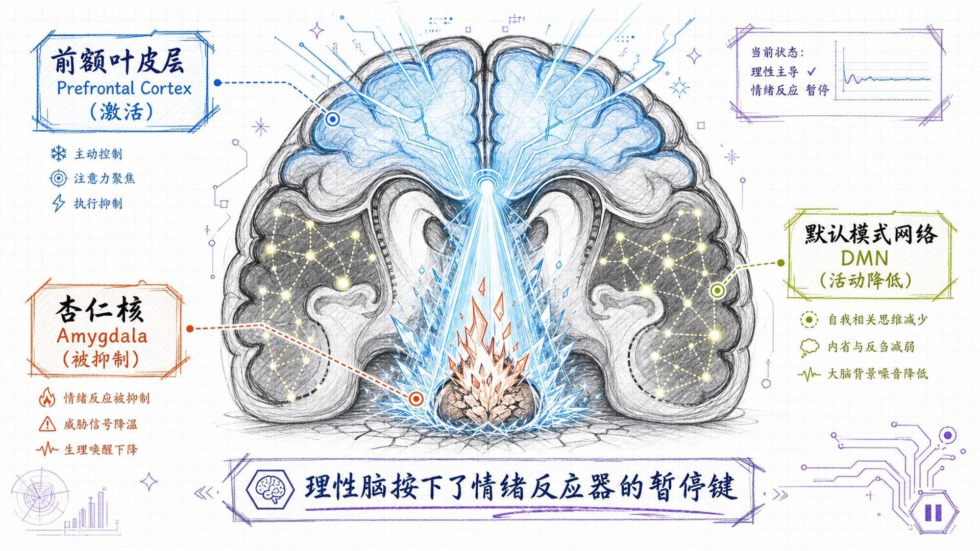 前额叶皮层激活，向杏仁核和默认模式网络发出抑制信号