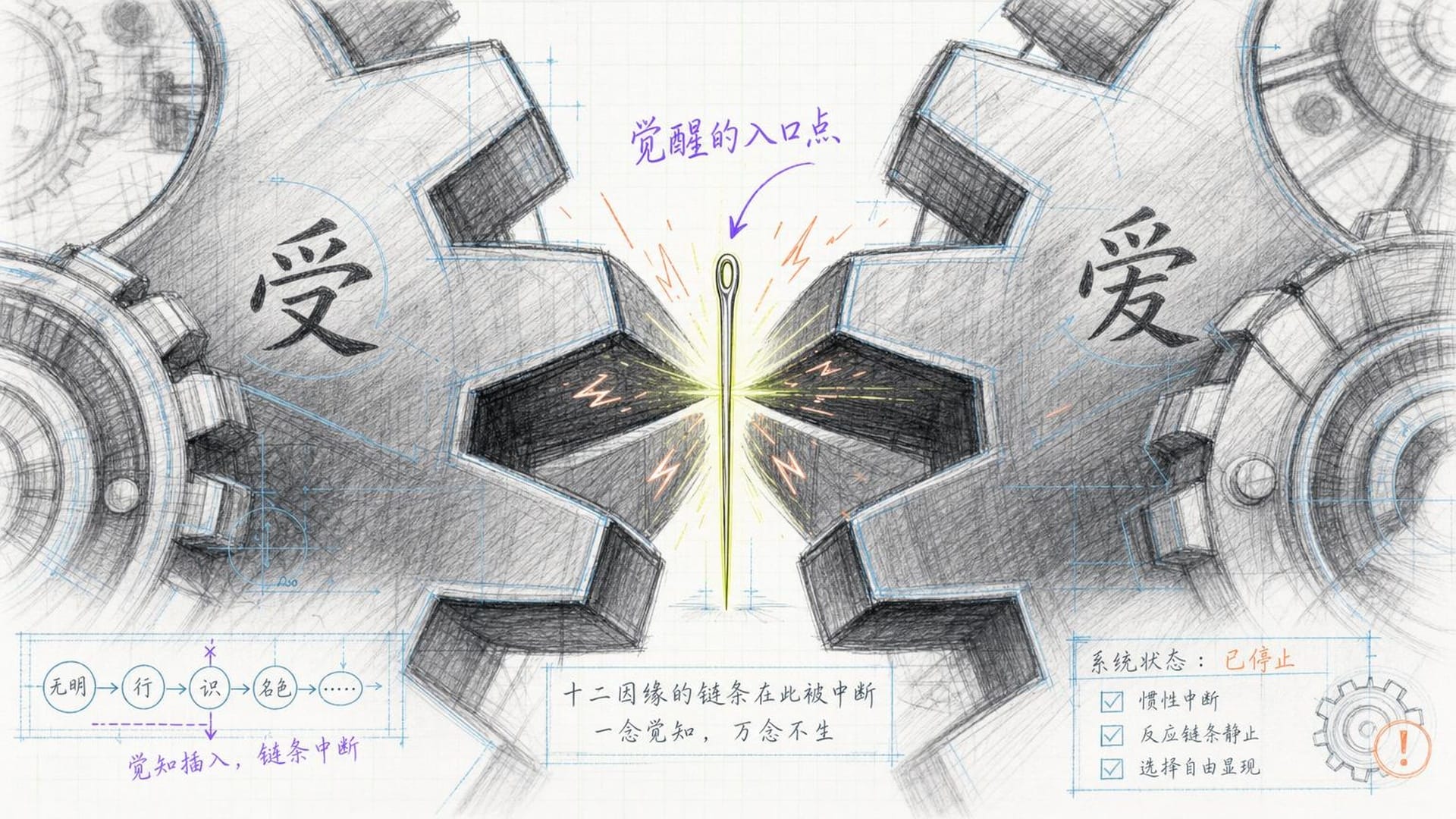 一根发光银针精准卡入齿轮缝隙，庞大机械骤然静止，裂缝处写着：觉醒的入口