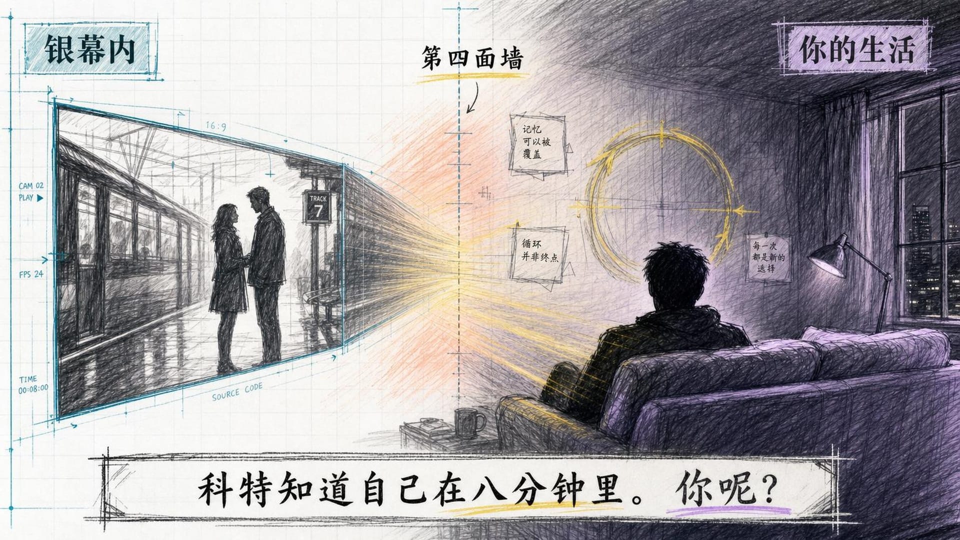 观影者的剪影与电影画面的对照