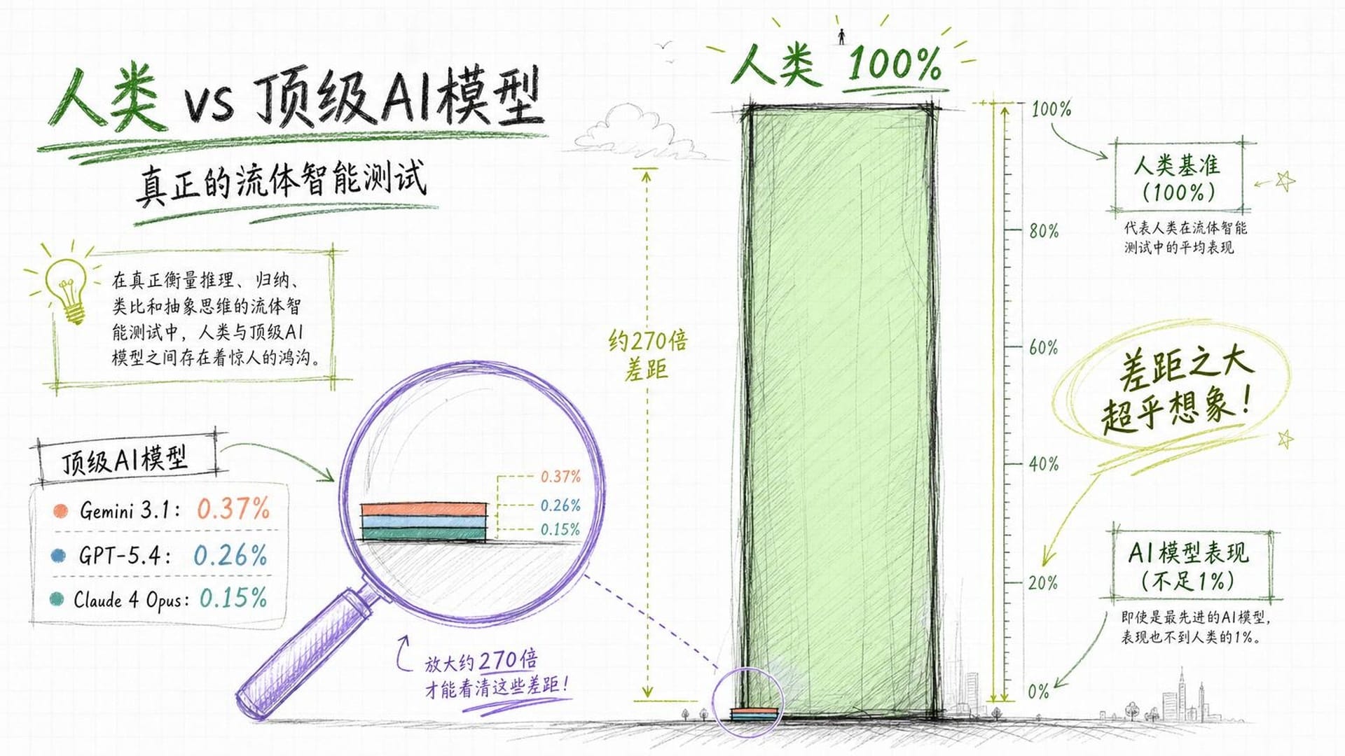 测试成绩：人类100%，顶级AI不足0.4%