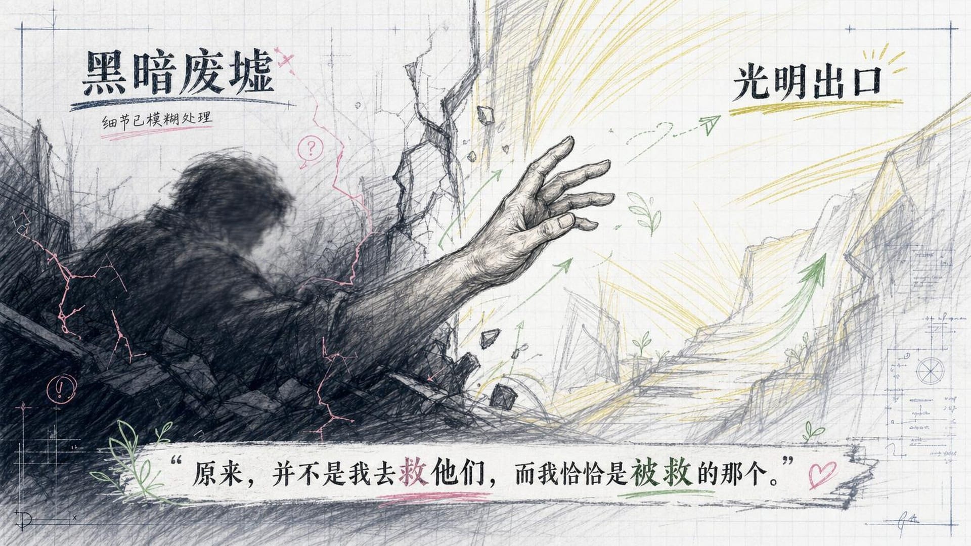 从黑暗废墟中伸出的一只手，努力向上够向光明