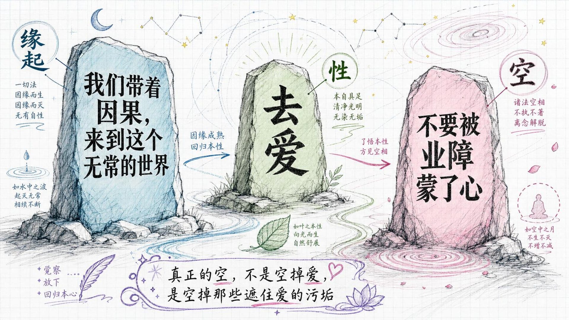 三句醒目的蓝色加粗箴言如石碑般矗立，充满顿悟的冲击感