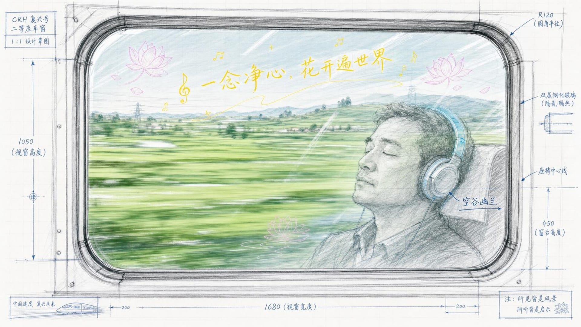 高铁车窗外是飞驰而过的中国乡村田野，车窗上倒映着戴着耳机的中年男人