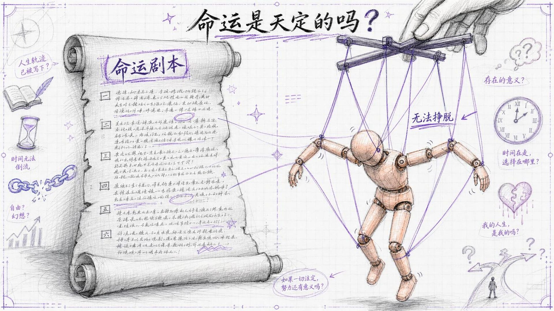 提线木偶被无形的命运之手牵引，背景是提前写好的人生剧本