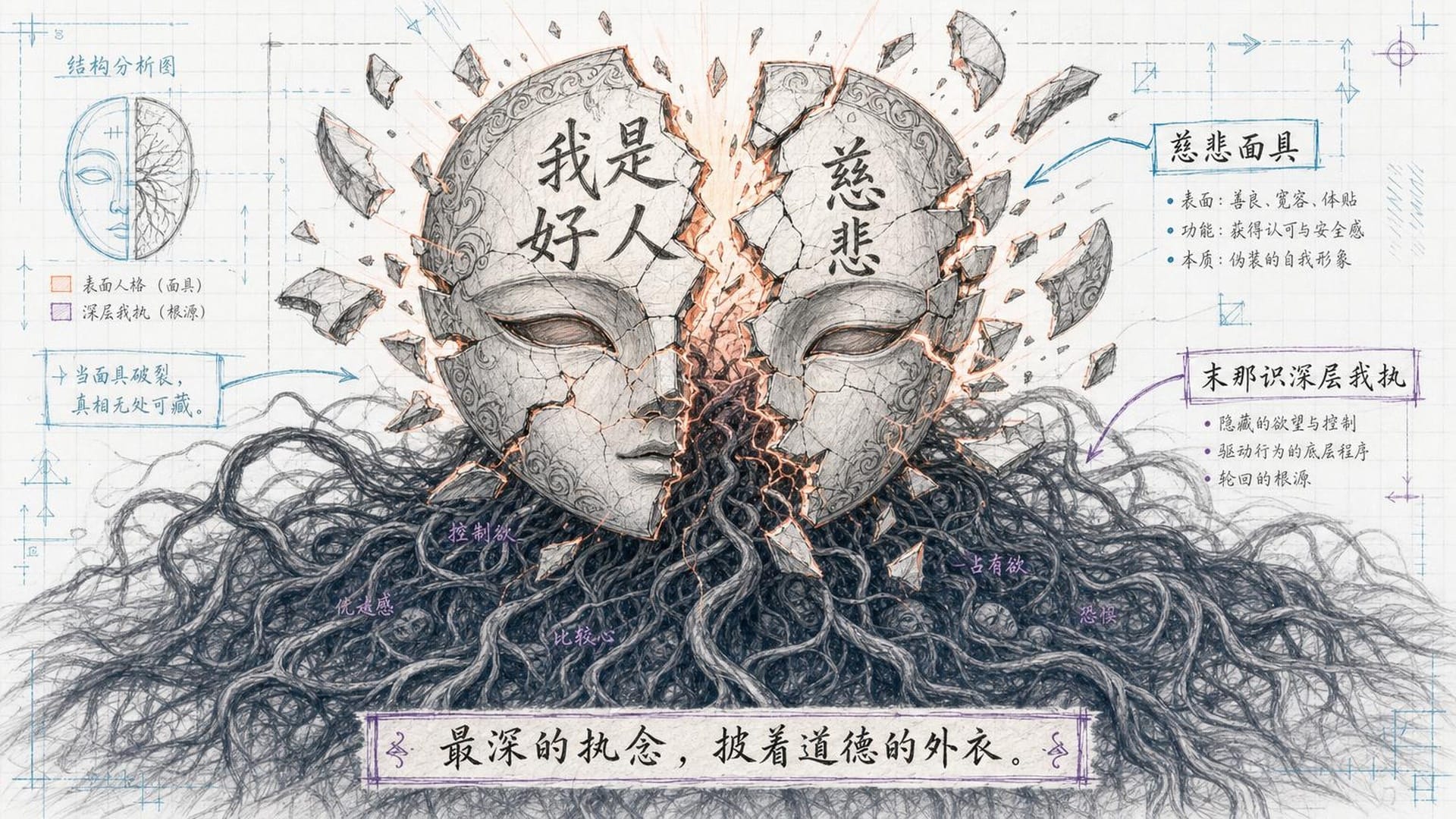 写满"慈悲""我是好人"的华丽面具咔嚓碎裂，面具下露出深层我执的根须