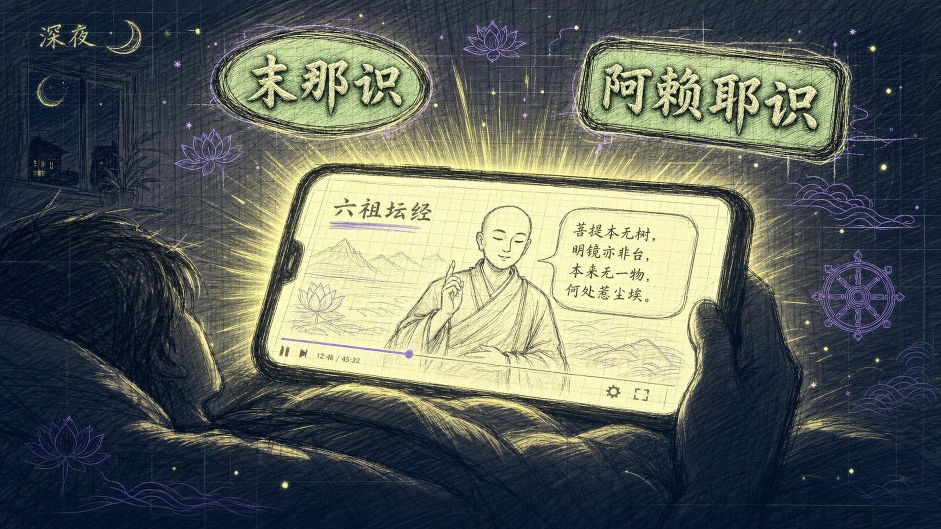 深夜的失眠屏幕，播放着讲述六祖坛经的画面