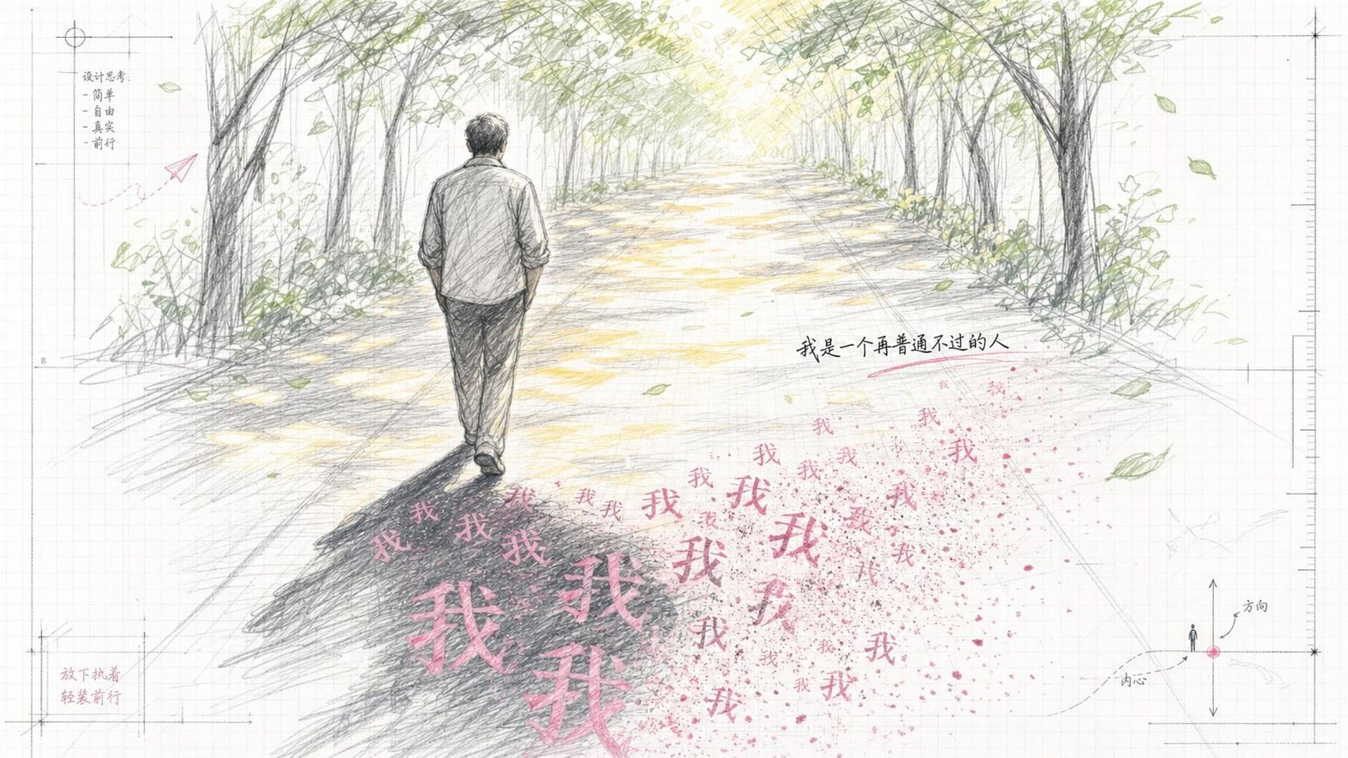 一个回归平凡的普通中年人背影，走在阳光洒满的林荫小道上