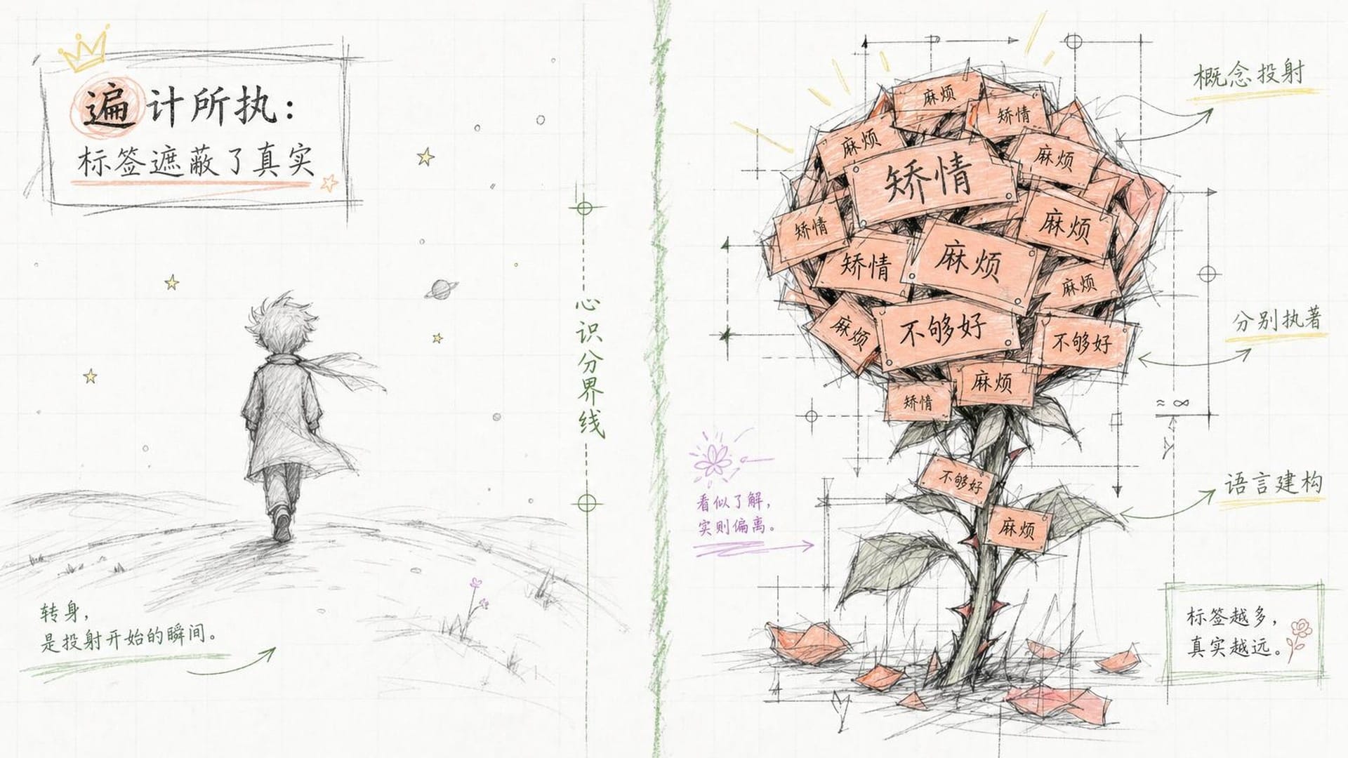 小王子离去，玫瑰被标签遮盖