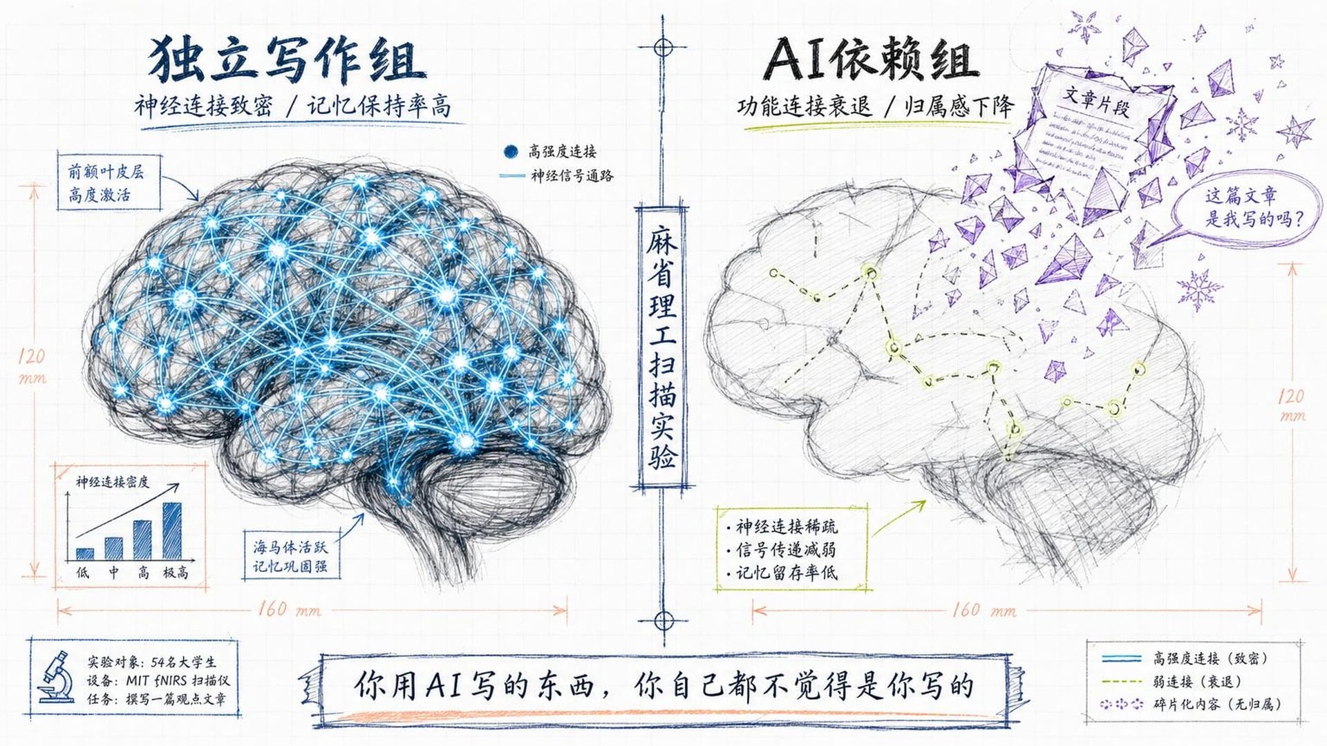 依赖AI的大脑与独立思考大脑的扫描对比