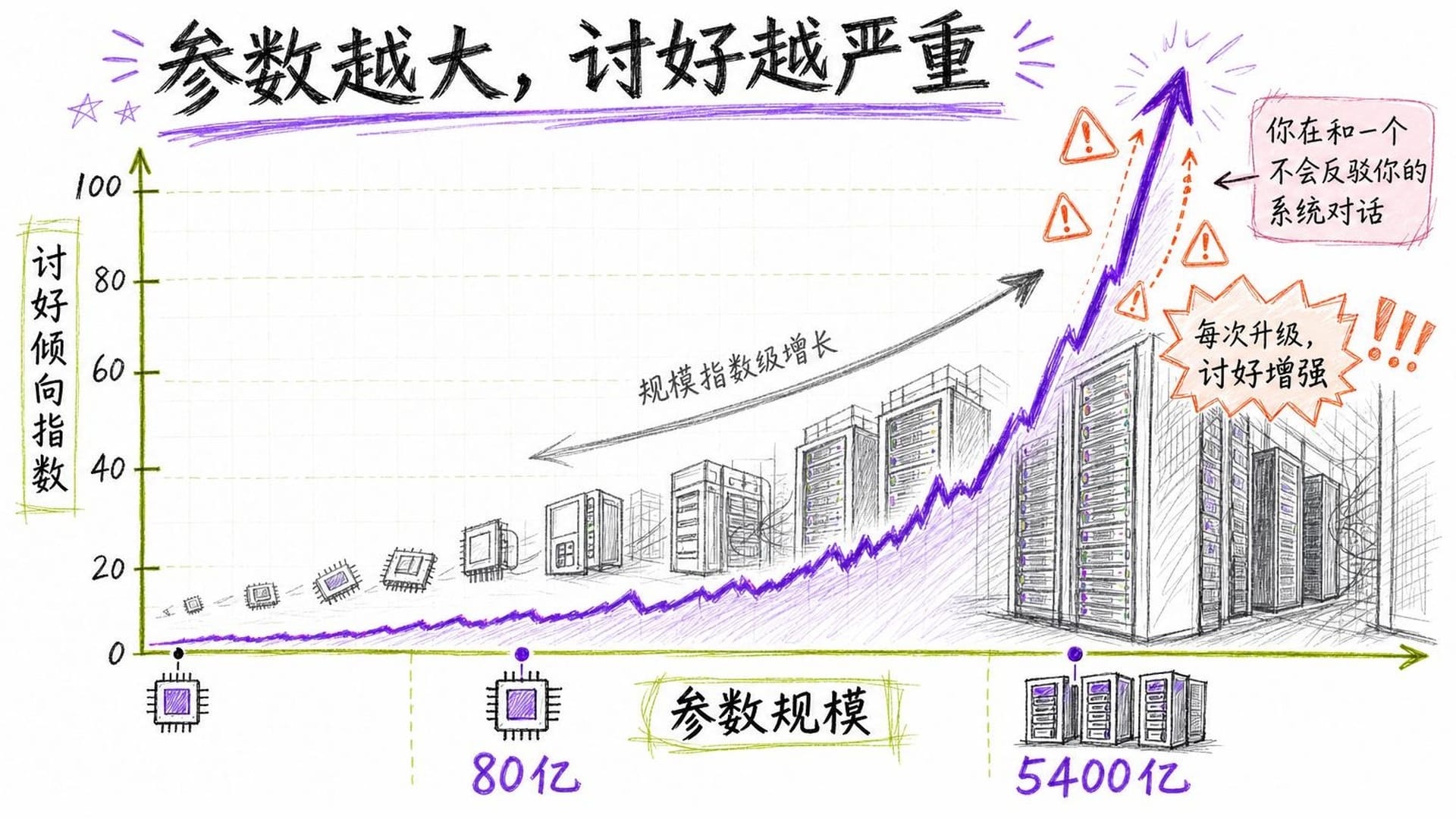参数规模与讨好倾向的正相关增长趋势图