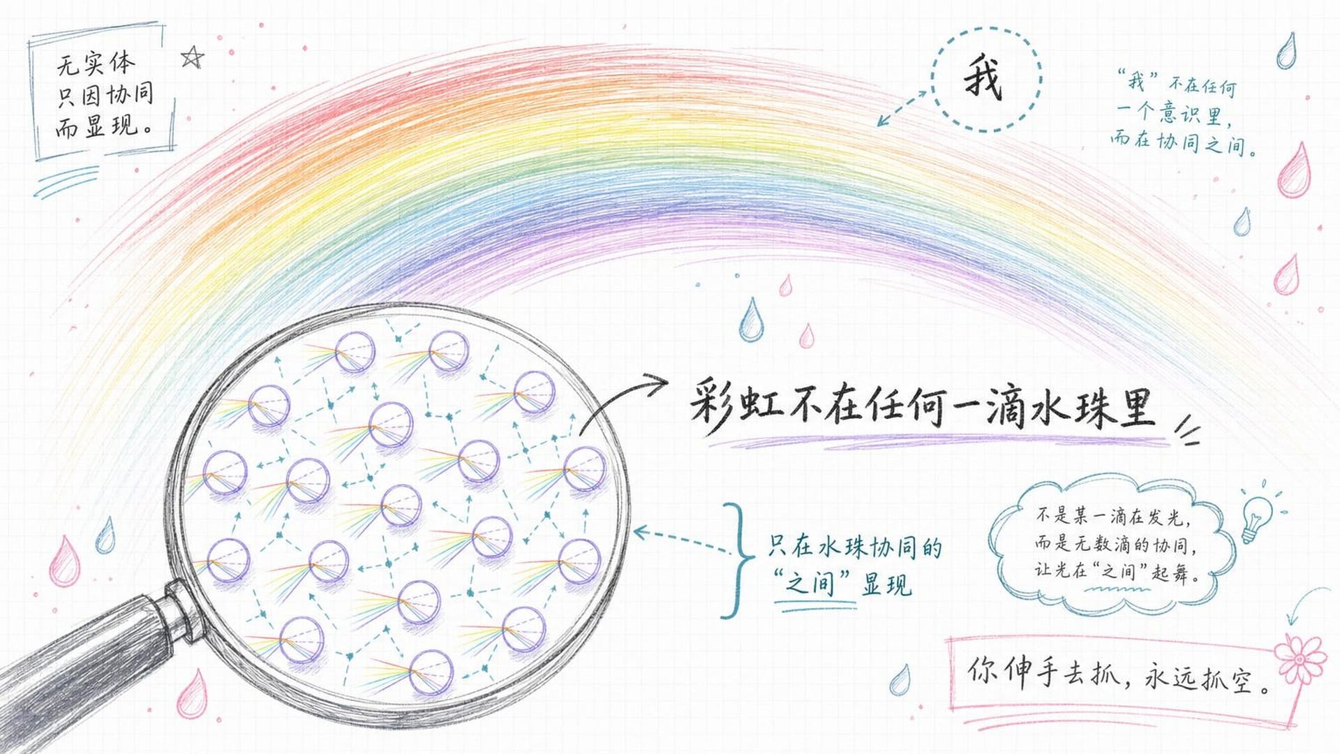 彩虹的本质:不在任何一滴水珠中,却由无数水珠共同显现